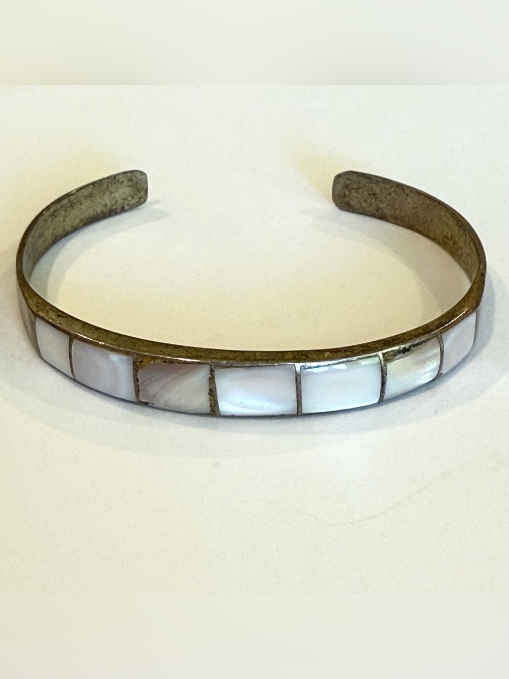 Vintage Sterling Silver 925 Mother Of Pearl Inlay Cuff Bracelet Rectangle